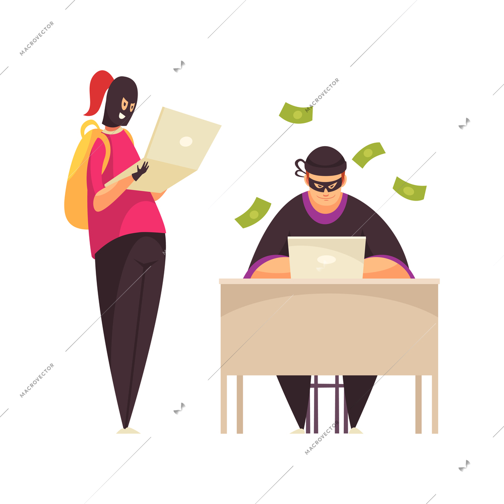 Hacker composition with couple of cyber criminal characters with laptops and money in cash vector illustration