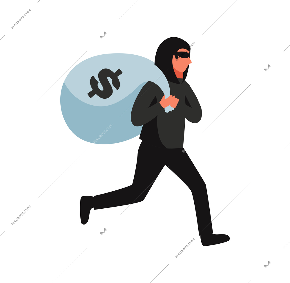 Hacker composition with human character of running thief carrying sack with money dollar sign vector illustration