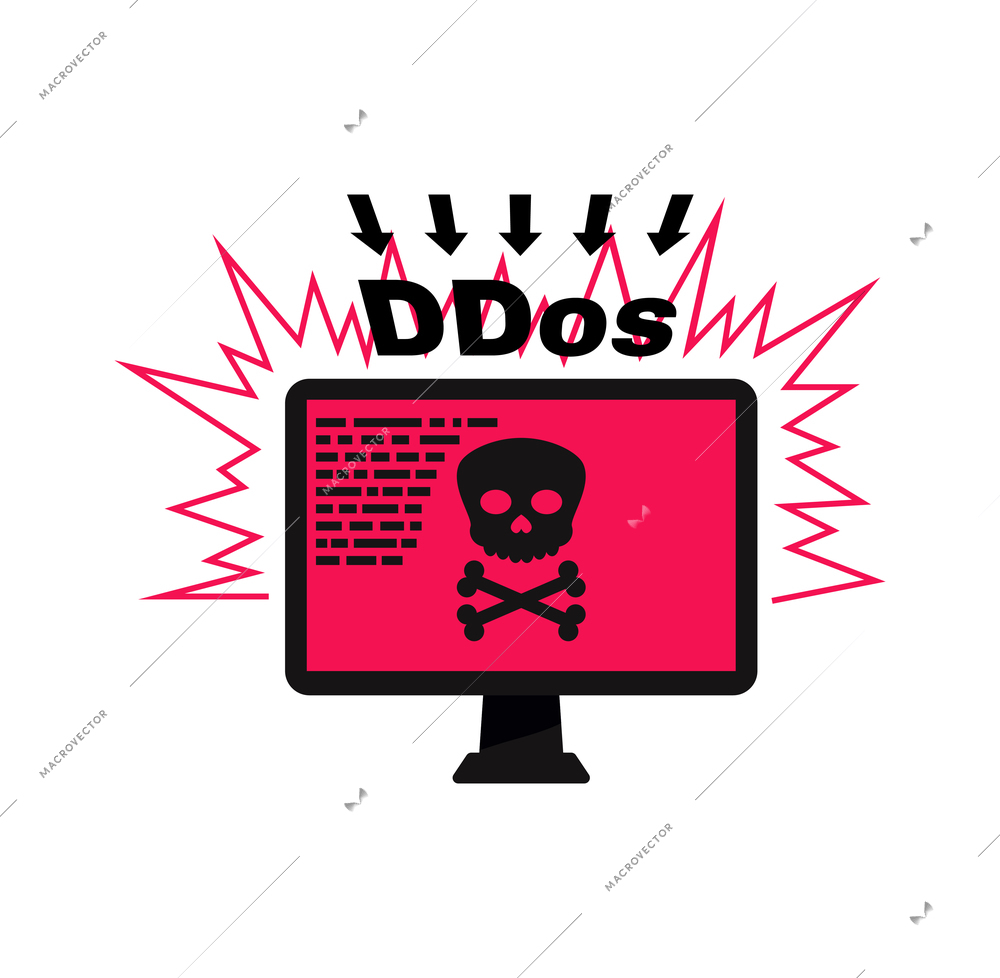 Hacker composition with desktop computer screen displaying alarm message with arrows and skull with crossbones sign vector illustration