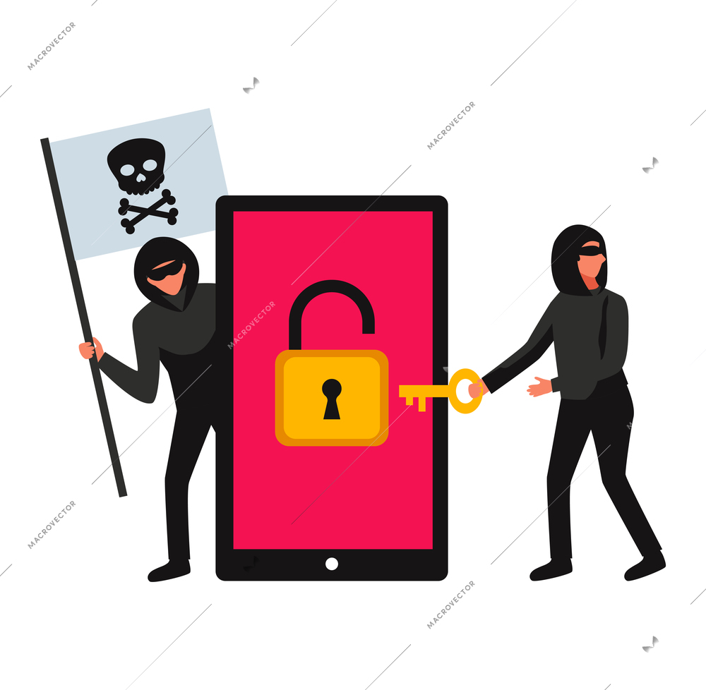 Hacker composition with two human characters of thieves locking smartphone with lock sign and pirate flag vector illustration