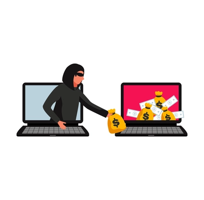 Hacker composition with human character and images of two computers with dollar signed sacks and banknotes vector illustration