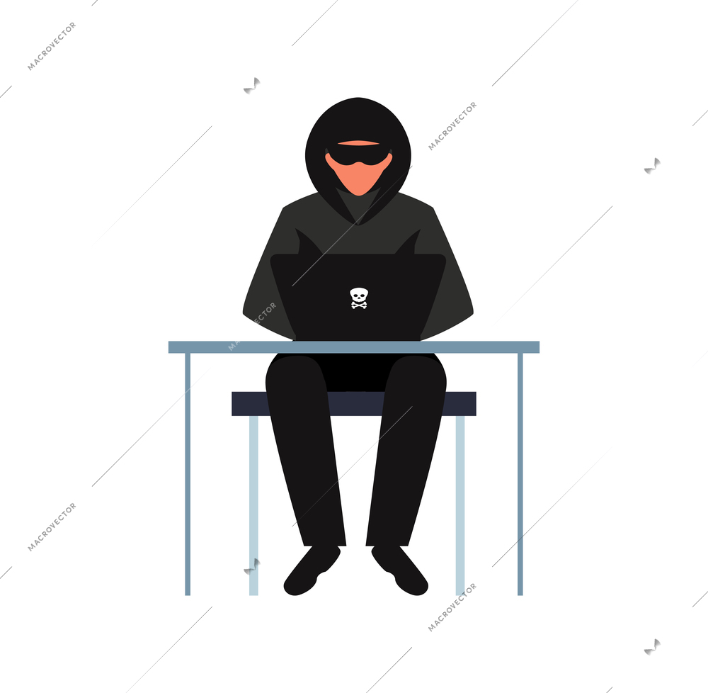 Hacker composition with character of cyber spy sitting at desk table with his black laptop vector illustration