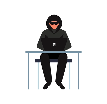 Hacker composition with character of cyber spy sitting at desk table with his black laptop vector illustration