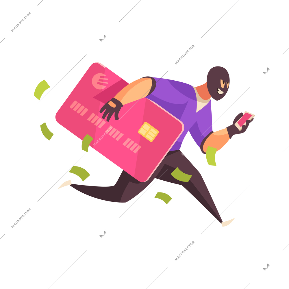 Hacker composition with human character of robber running with credit card smartphone and cash banknotes vector illustration