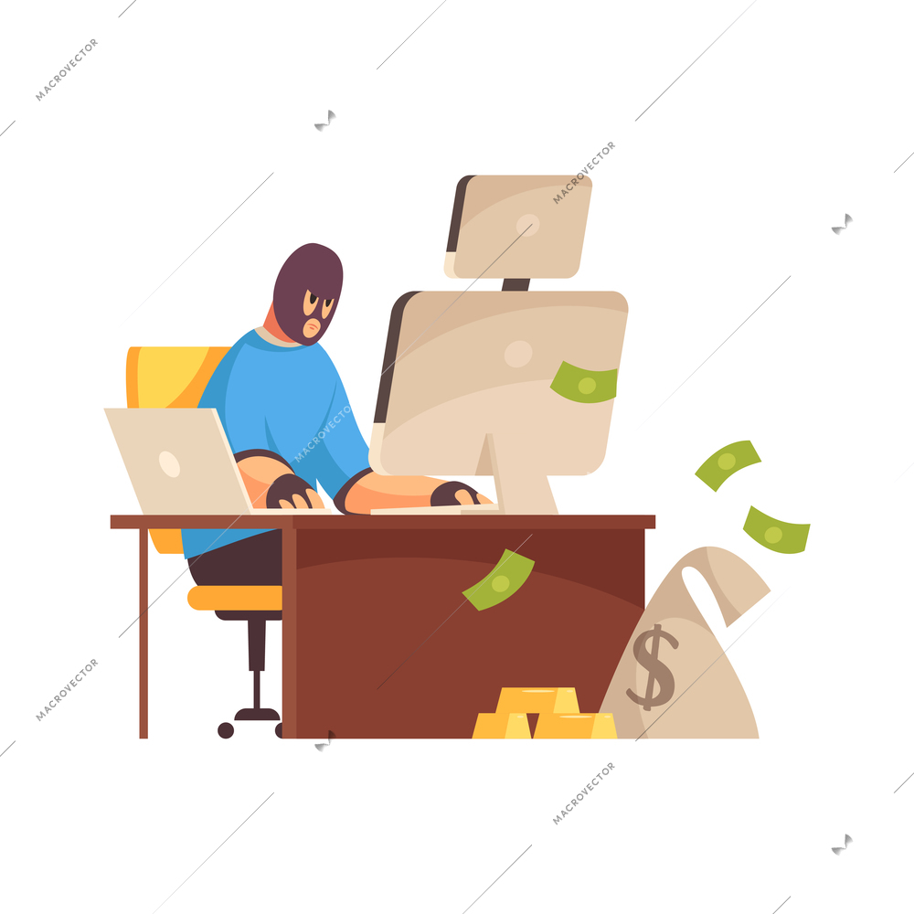 Hacker composition with character of robber in mask sitting at office table with computers and cash vector illustration