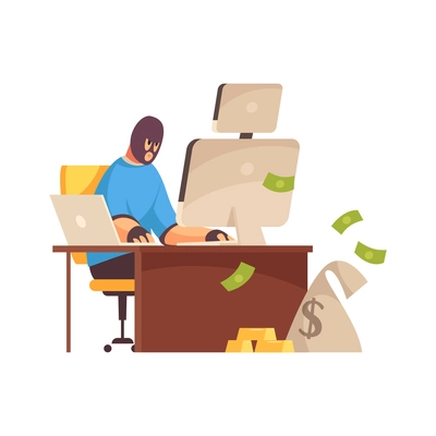 Hacker composition with character of robber in mask sitting at office table with computers and cash vector illustration