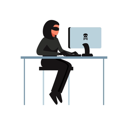 Hacker composition with view of desktop computer with skull and crossbones sign and woman sitting at table vector illustration