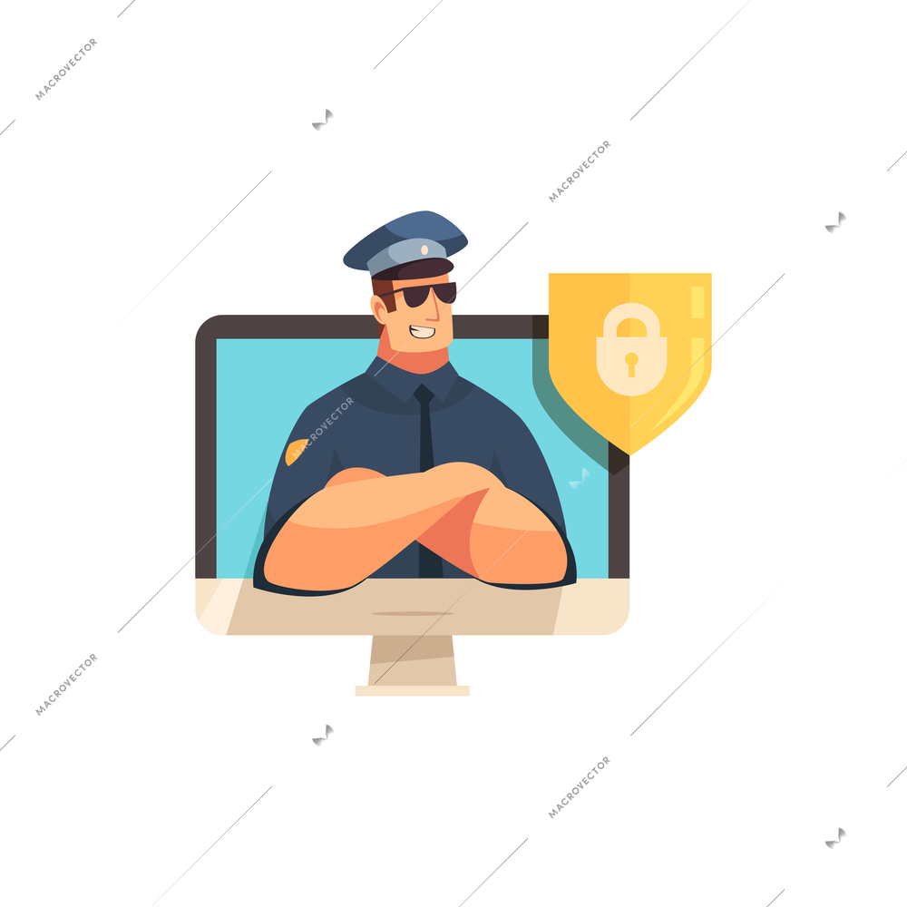Hacker composition with male human character of police officer on computer screen with shield lock sign vector illustration
