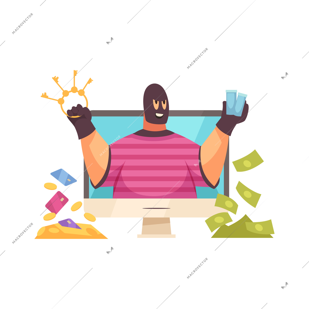 Hacker composition of computer with thief character holding keys and money in cash coins and cards vector illustration