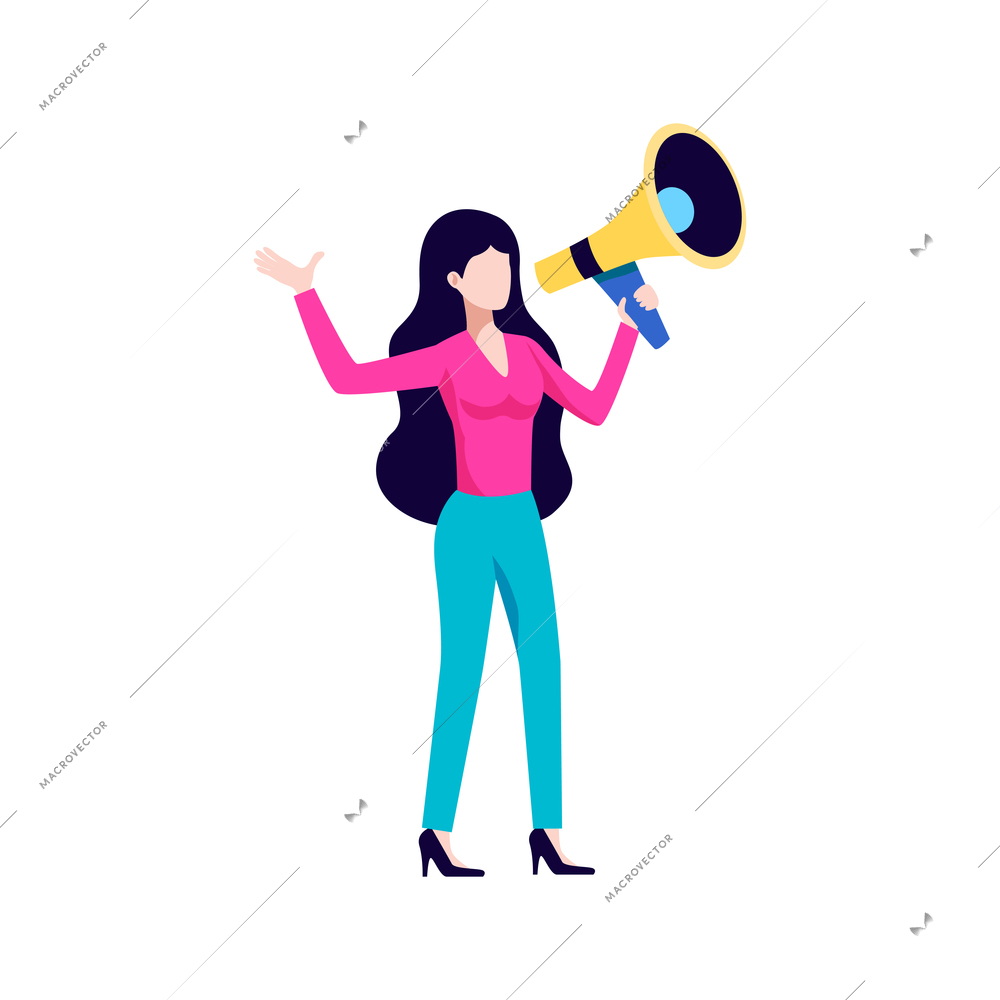 Crowdfunding composition with isolated human character of woman on high heels with megaphone on blank background vector illustration