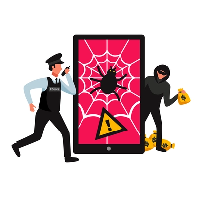 Hacker composition with view of phone screen occupied by spiders net with robber and policeman characters vector illustration