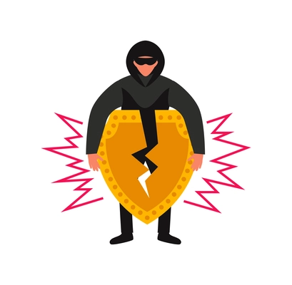 Hacker composition with human character of robber in spy glasses breaking golden shield of security vector illustration