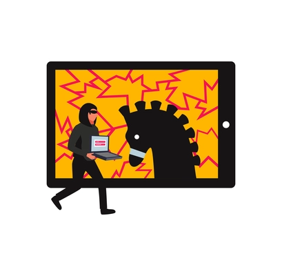 Hacker composition with character of cyber thief holding portable computer and silhouette of trojan horse head vector illustration