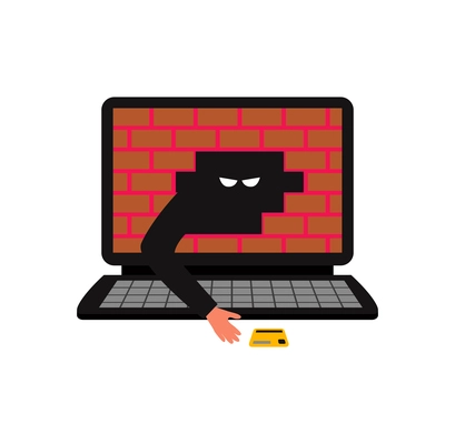 Hacker composition with view of desktop computer and robber reaching out for credit card from screen vector illustration