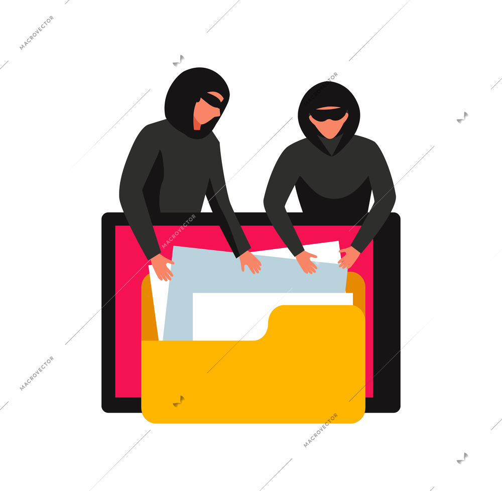 Hacker composition with pair of robbers characters fingering through documents in computer folder vector illustration