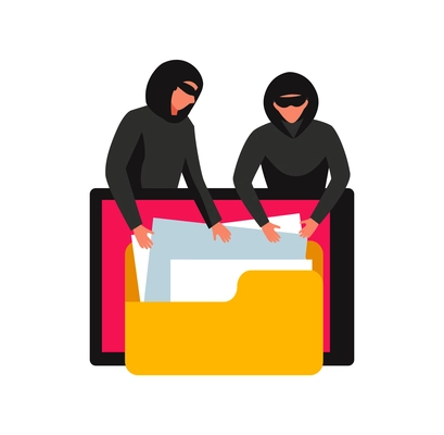 Hacker composition with pair of robbers characters fingering through documents in computer folder vector illustration