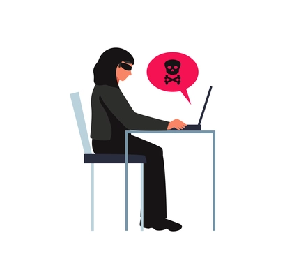 Hacker composition with cyber thief sitting at computer table with skull and crossbones sign inside thought bubble vector illustration