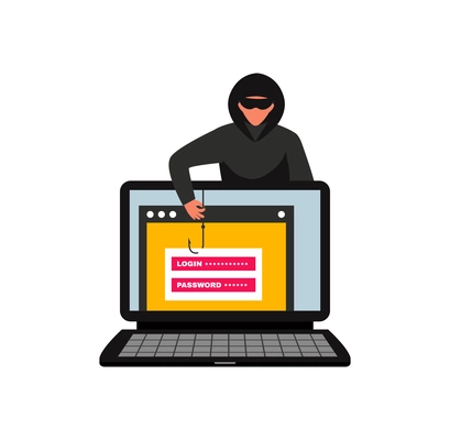 Hacker composition with image of computer with hacker fishing out login and password personal credentials vector illustration