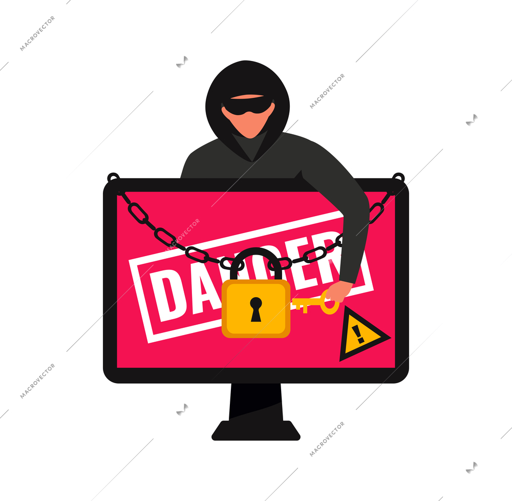 Hacker composition with computer in chains with lock and character of cyber thief with key vector illustration