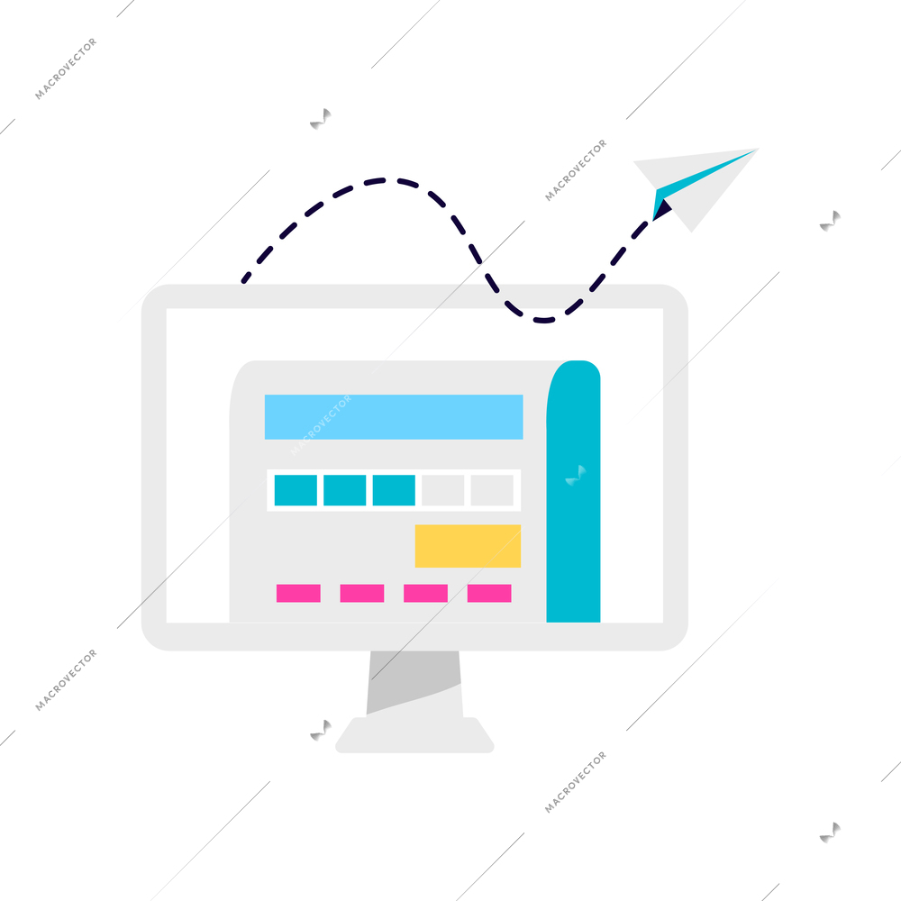 Crowdfunding composition with view of computer screen with flying paper jet and dashed line trace vector illustration