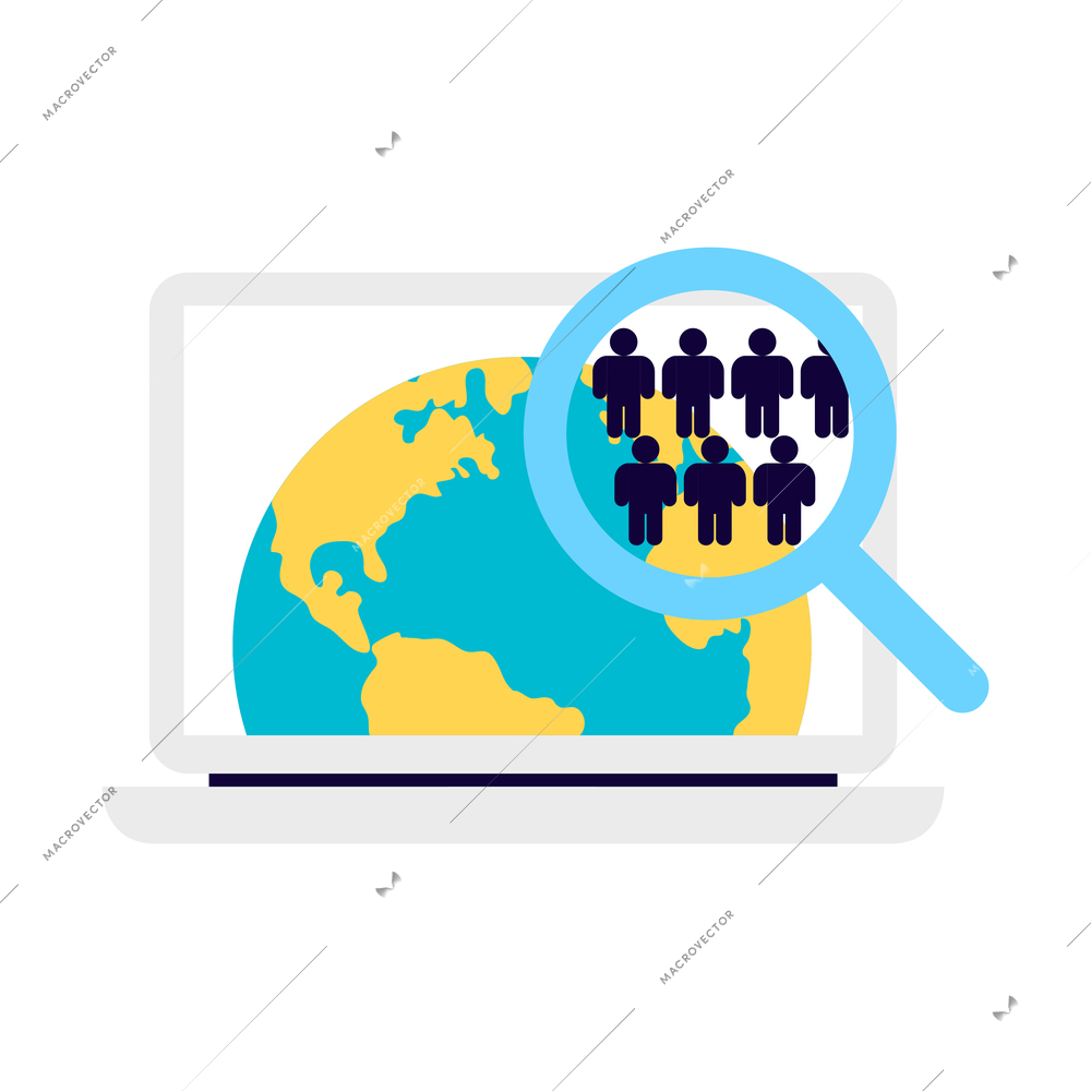 Crowdfunding composition with images of laptop computer with world map app and hand lens vector illustration