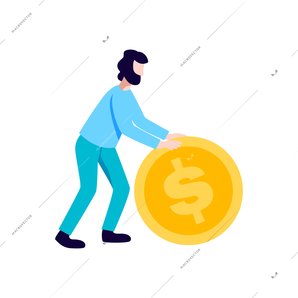 Crowdfunding composition with big dollar coin being pulled by male character with beard vector illustration