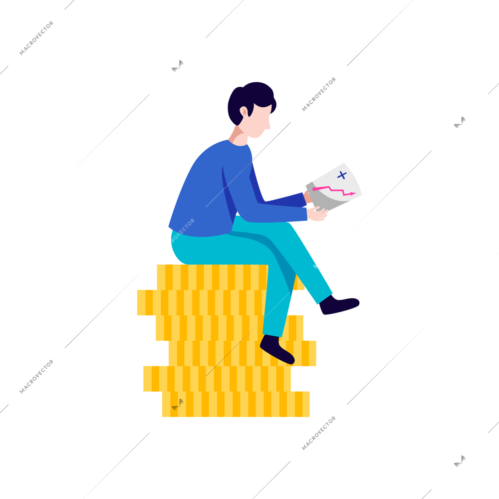 Crowdfunding composition with flat stack of golden coins with sitting human character vector illustration