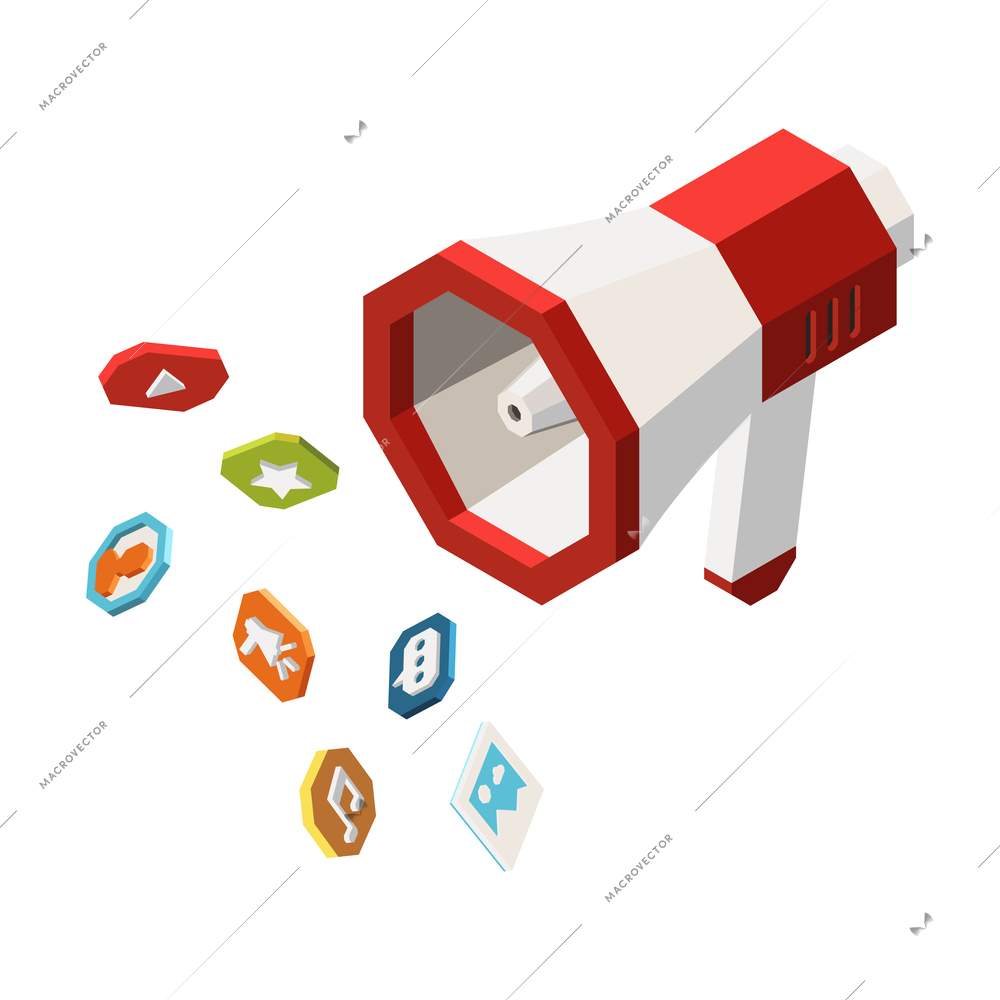 Web seo isometric composition with loudspeaker megaphone icon and pictograms of popular internet services vector illustration