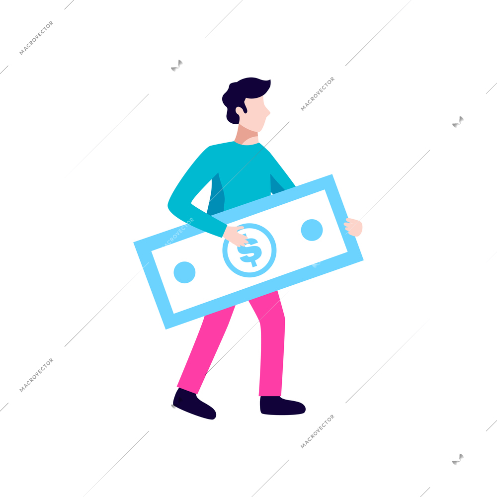 Crowdfunding composition with human character of guy holding big dollar banknote isolated on blank background vector illustration