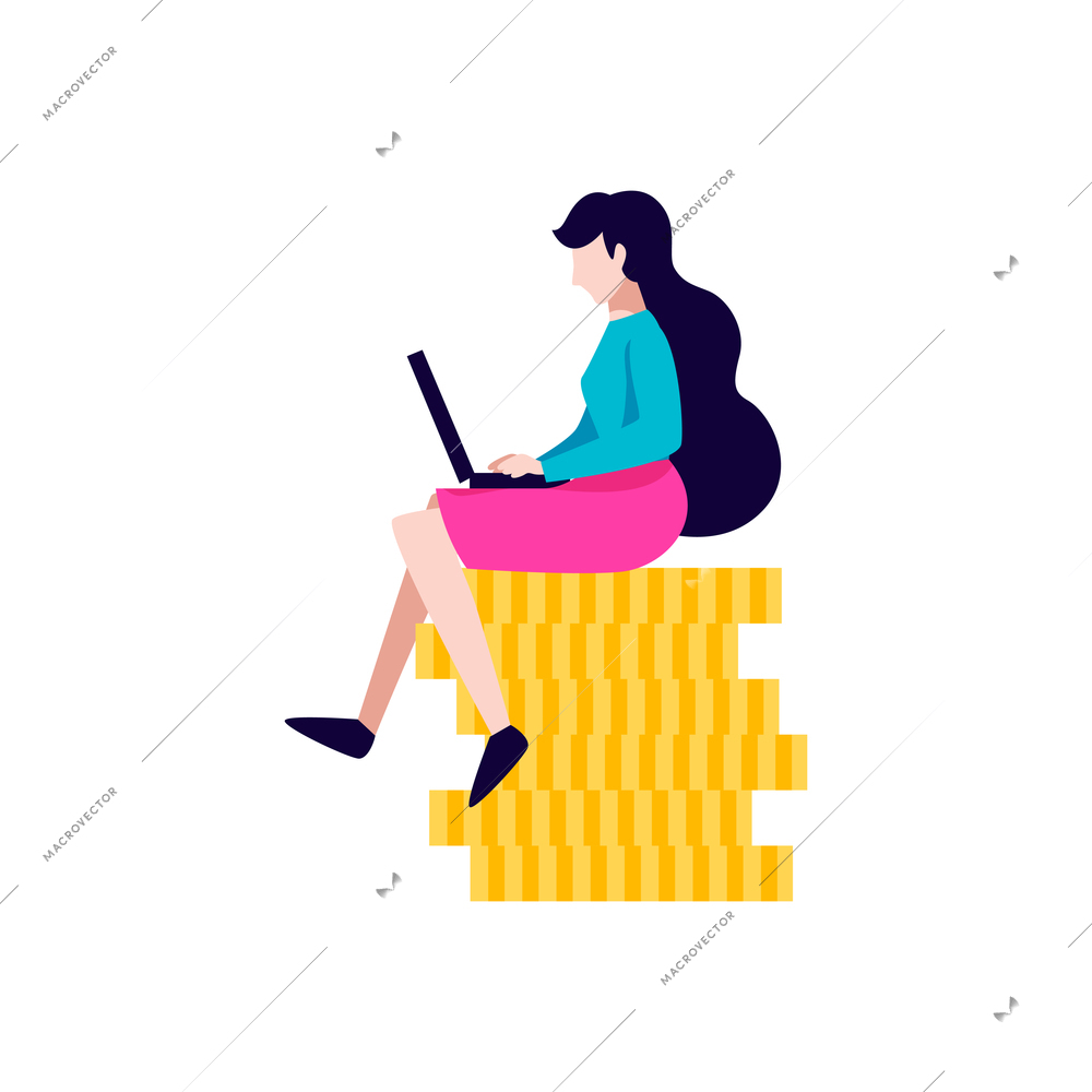 Crowdfunding composition with female character of girl sitting on stack of golden coins with laptop vector illustration