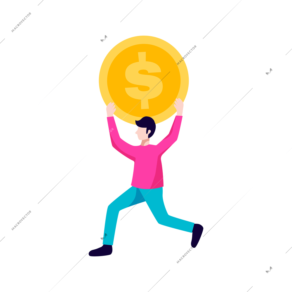Crowdfunding composition with male human character running with big dollar coin on blank background vector illustration
