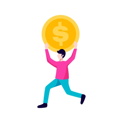 Crowdfunding composition with male human character running with big dollar coin on blank background vector illustration