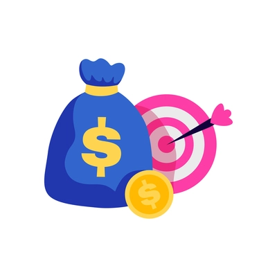 Crowdfunding composition of money images with golden coin and dollar sack with target sign vector illustration