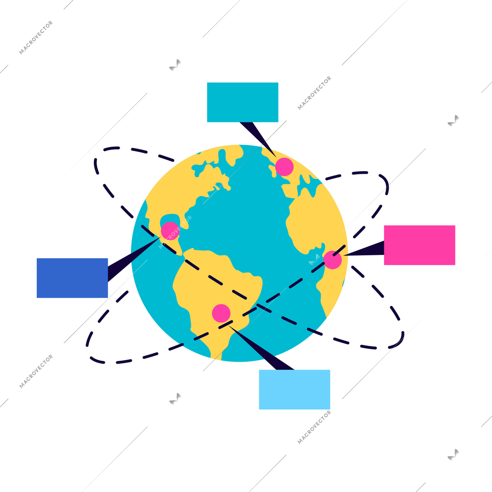 Crowdfunding composition with traces and messaging bubbles pointing to different locations on earth globe vector illustration