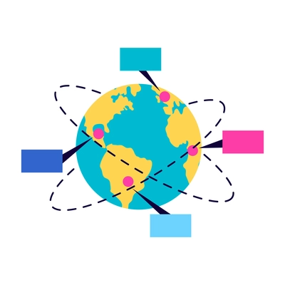 Crowdfunding composition with traces and messaging bubbles pointing to different locations on earth globe vector illustration