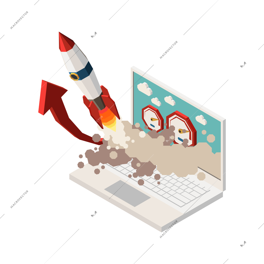 Web seo isometric composition with images of rocket flying off laptop screen with arrow and speedometers vector illustration