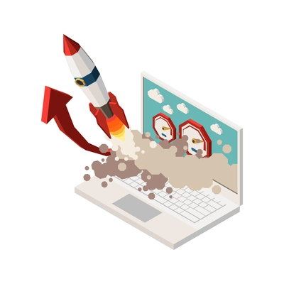 Web seo isometric composition with images of rocket flying off laptop screen with arrow and speedometers vector illustration