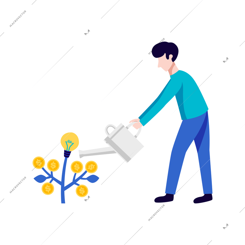 Crowdfunding composition with conceptual images of human character watering tree with lamps and coins vector illustration