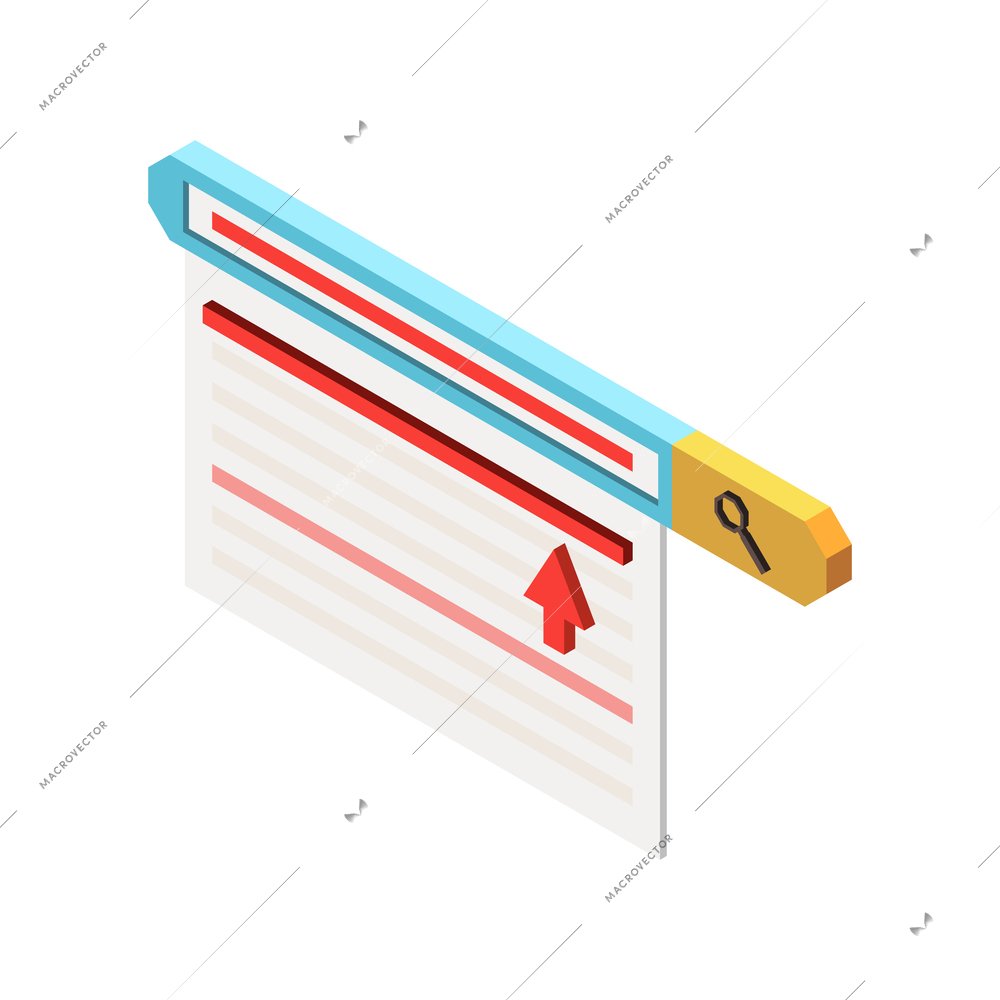 Web seo isometric composition with image of search input field with results and up arrow vector illustration