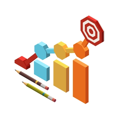 Web seo isometric composition with images of pencils and colourful bar charts with target sign vector illustration