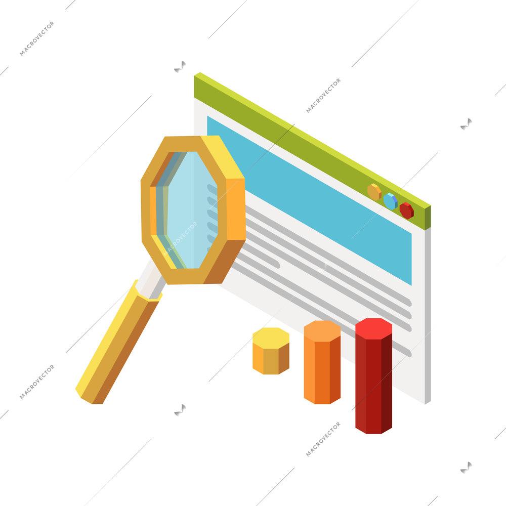 Web seo isometric composition with 3d images of bar chart elements computer window and hand lens vector illustration