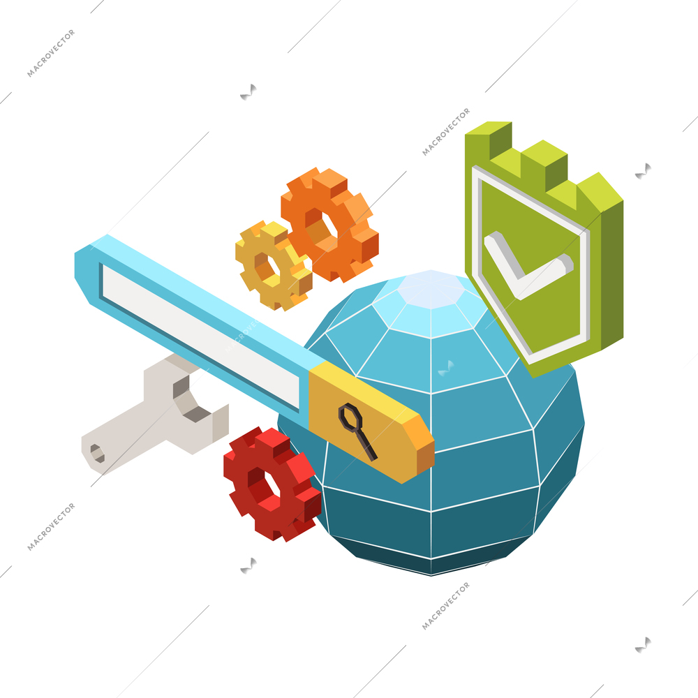 Web seo isometric composition with gear and tool icons earth globe and fortress sign of security vector illustration