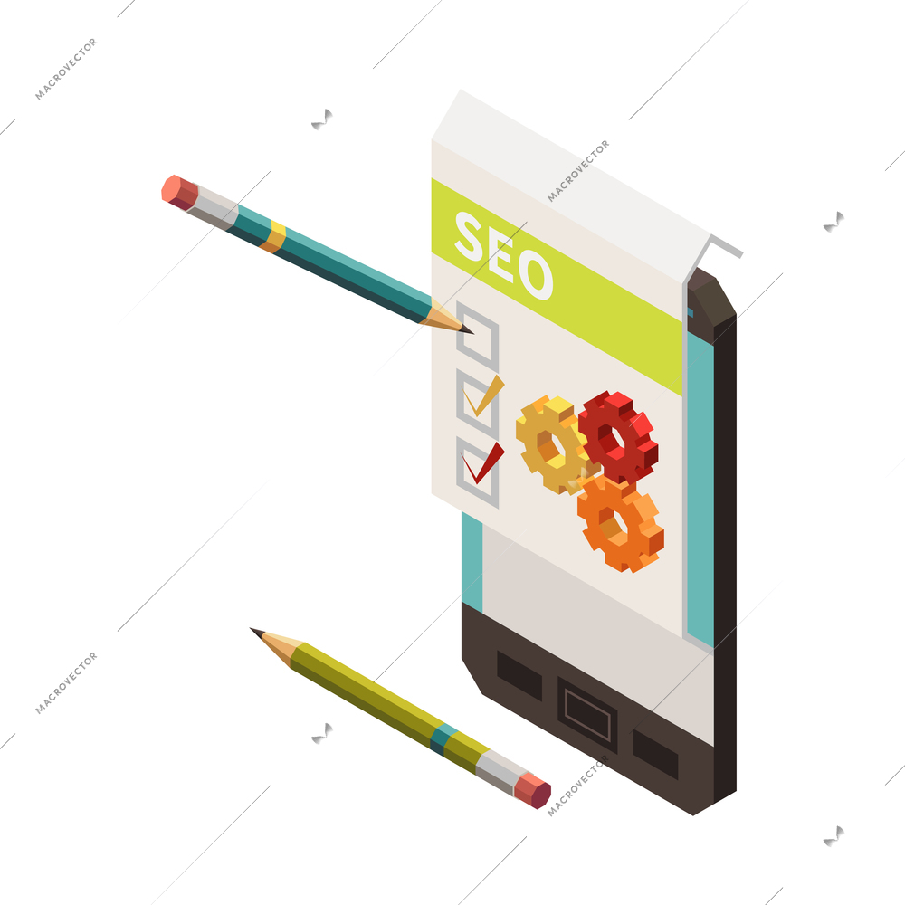 Web seo isometric composition with smartphone checking list with pencil marks gear and pictogram icons vector illustration