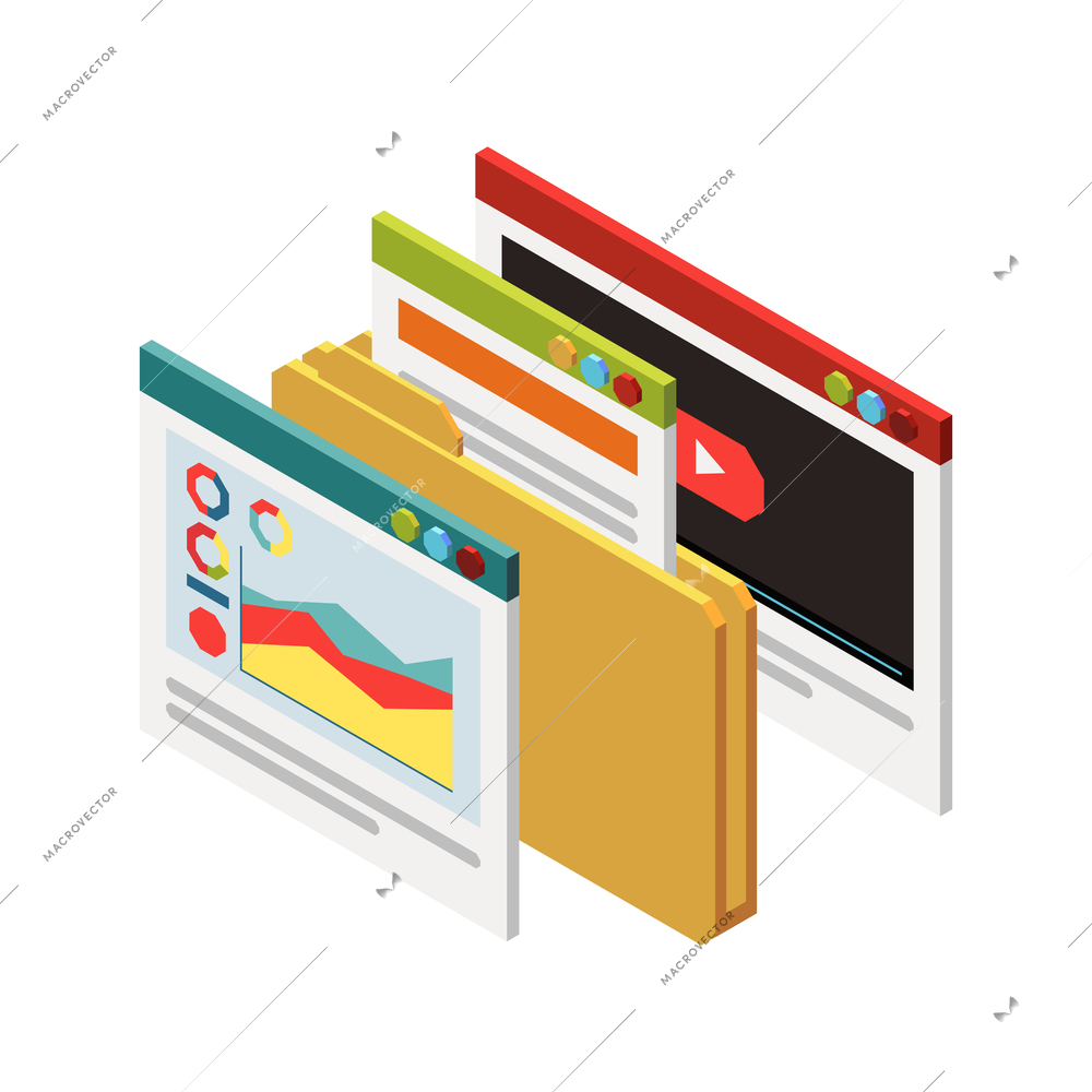 Web seo isometric composition with stack of computer window images with diagram bars and linear charts vector illustration