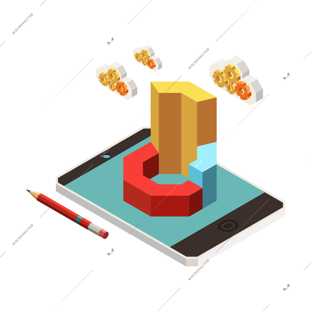 Web seo isometric composition with images of pencil gear clouds and 3d chart on tablet screen vector illustration