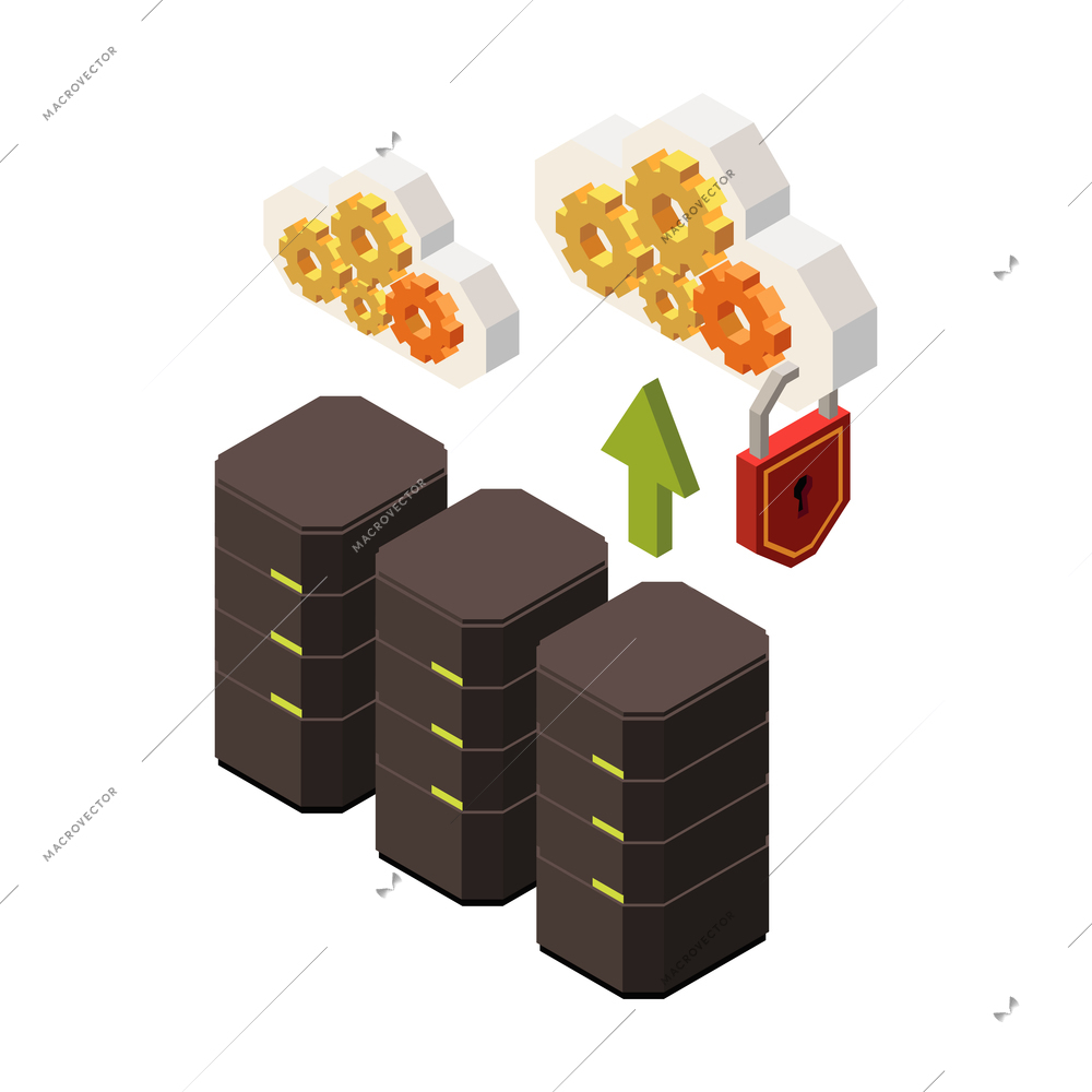 Web seo isometric composition with images of storage computer racks lock and clouds with gear icons vector illustration