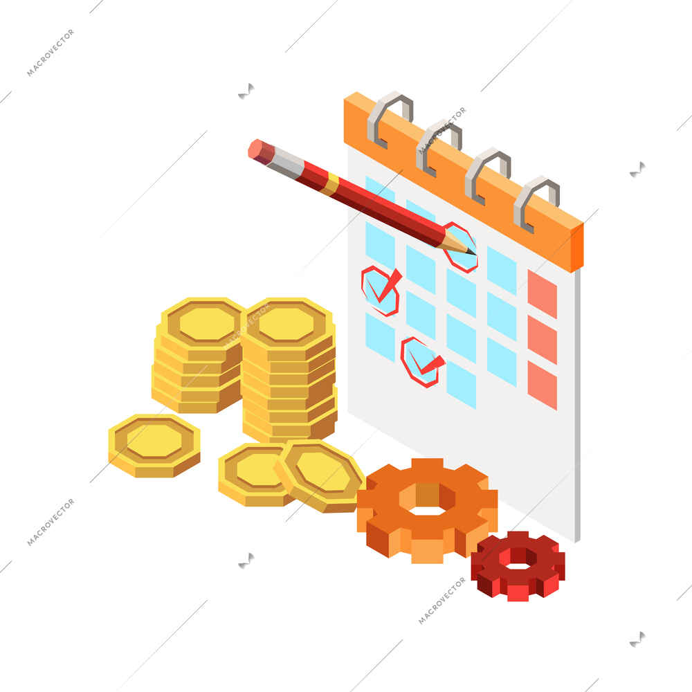 Web seo isometric composition with images of coin stacks calendar with pencil marks and gear icons vector illustration