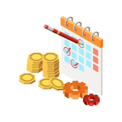 Web seo isometric composition with images of coin stacks calendar with pencil marks and gear icons vector illustration