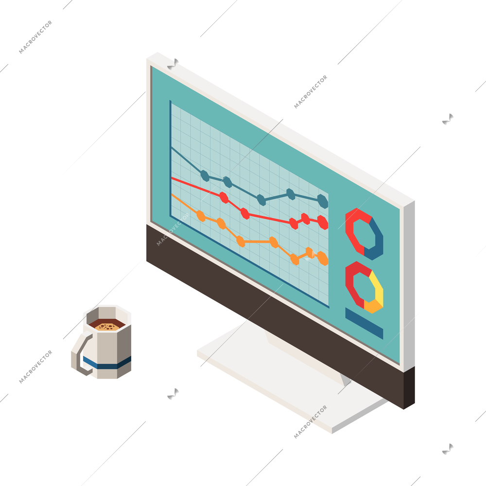 Web seo isometric composition with images of coffee cup and computer screen with graphs on diagram vector illustration