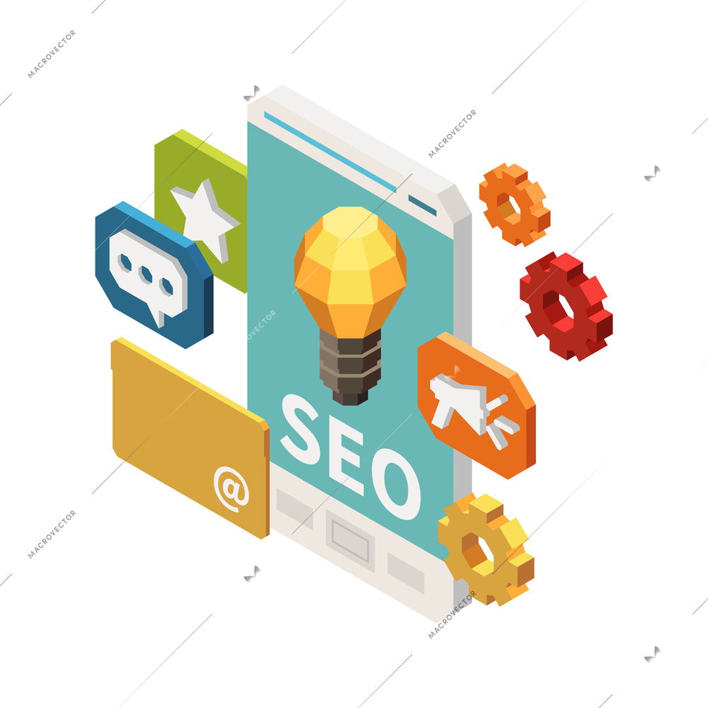 Web seo isometric composition with pictogram icons of messages and gear with smartphone vector illustration